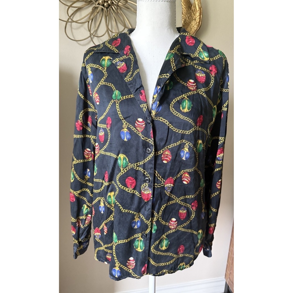 Studio 3000 Silk Blouse Women Medium Black Chain Print Button Front Top Vintage